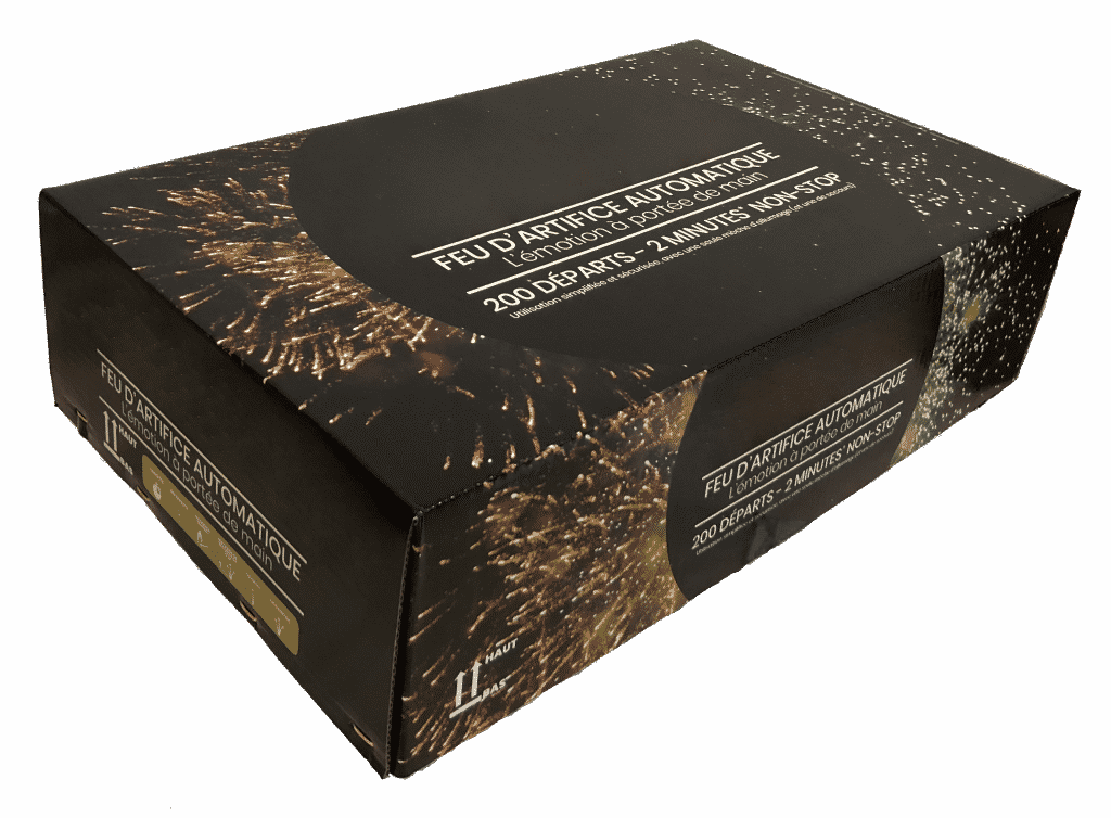 Ceci est l'image d'un feu d'artifice automatique Pyrobox 200 - produit phare de la gamme Pyrobox Artifices, LE spécialiste de l'artifice de divertissement dans tout le Massif central - www.pyrobox-artifices.com