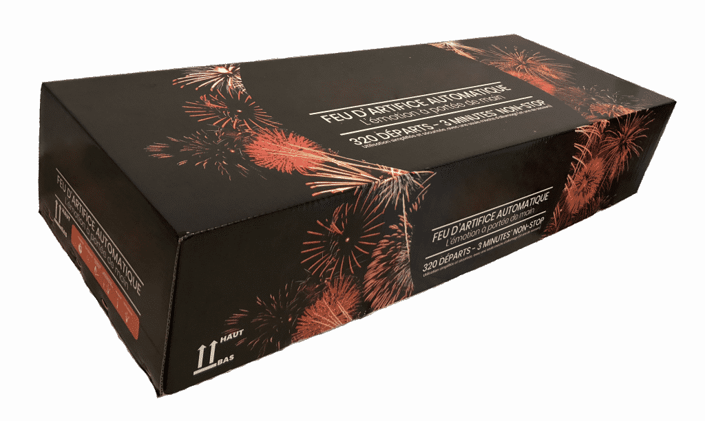 Ceci est l'image d'un feu d'artifice automatique Pyrobox 320 - produit phare de la gamme Pyrobox Artifices, LE spécialiste de l'artifice de divertissement dans tout le Massif central - www.pyrobox-artifices.com