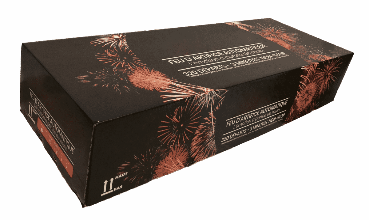 Ceci est l'image d'un feu d'artifice automatique Pyrobox 320 - produit phare de la gamme Pyrobox Artifices, LE spécialiste de l'artifice de divertissement dans tout le Massif central - www.pyrobox-artifices.com