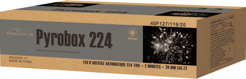 Ceci est l'image d'un feu d'artifice automatique Pyrobox 224 - produit phare de la gamme Pyrobox Artifices, LE spécialiste de l'artifice de divertissement dans tout le Massif central - www.pyrobox-artifices.com
